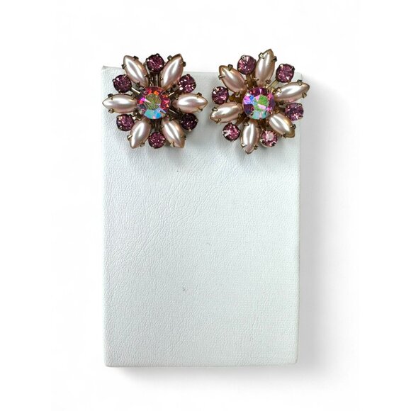 Vintage Flower Brooch Clip On Earrings Set Pink Crystal Faux Pearls - Picture 2 of 15